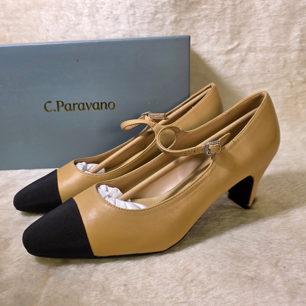 C.Paravano Mary Jane Pumps Leather Tan Black Cap Toe Heels Women 39.5 9 NEW